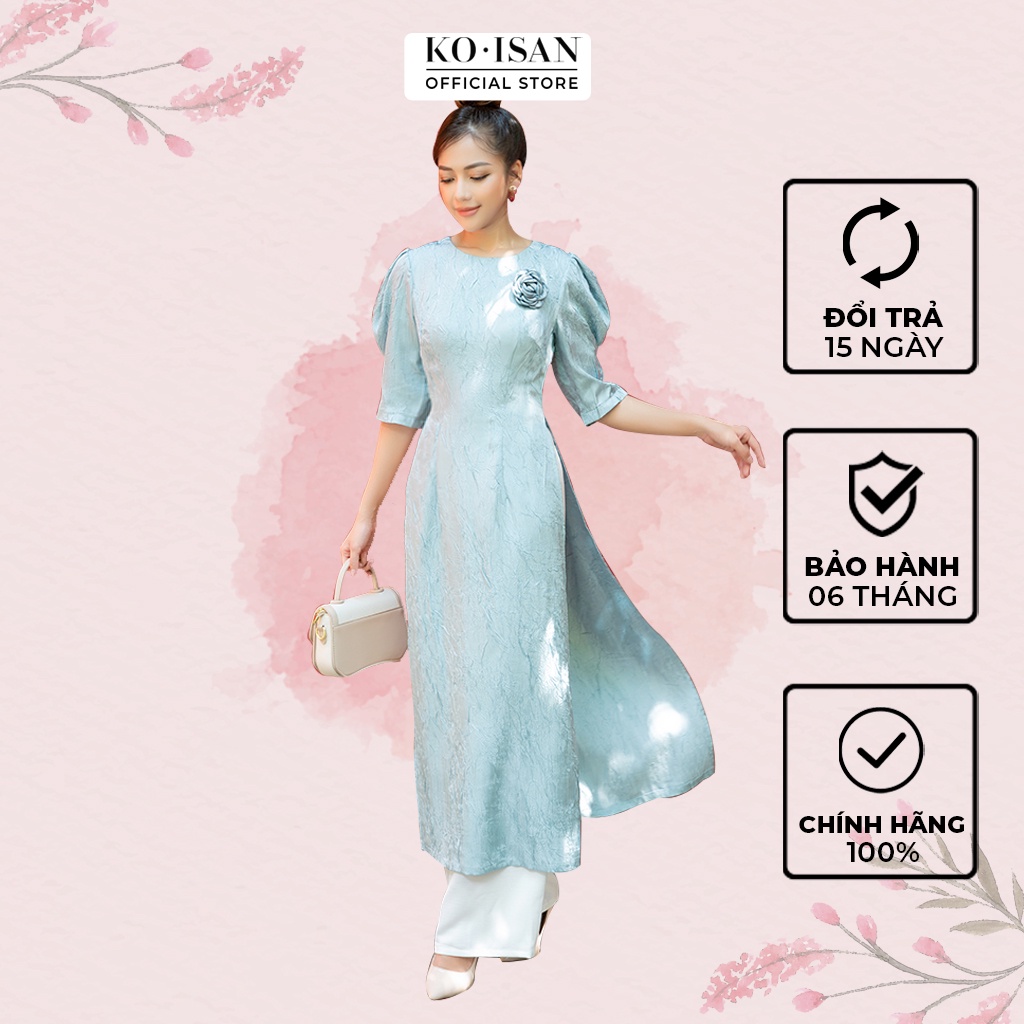 Áo dài cách tân nữ lụa xanh cao cấp tay phồng đính hoa đi tiệc KOISAN W2290403-1