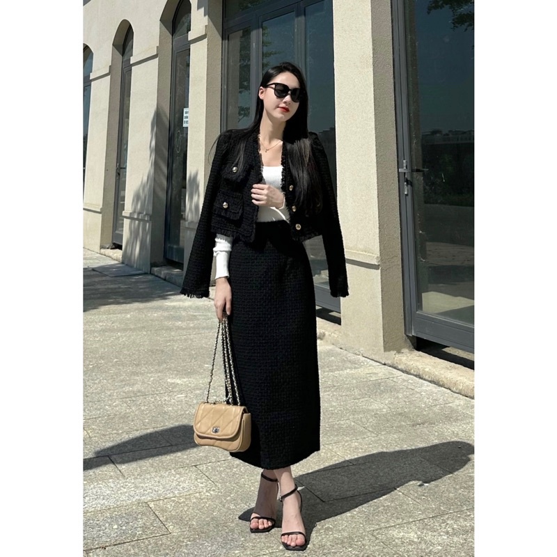 (Ảnh thật) Set áo khoác dạ tweed và chân váy S1028 thời trang Quảng Châu cao cấp sang chảnh