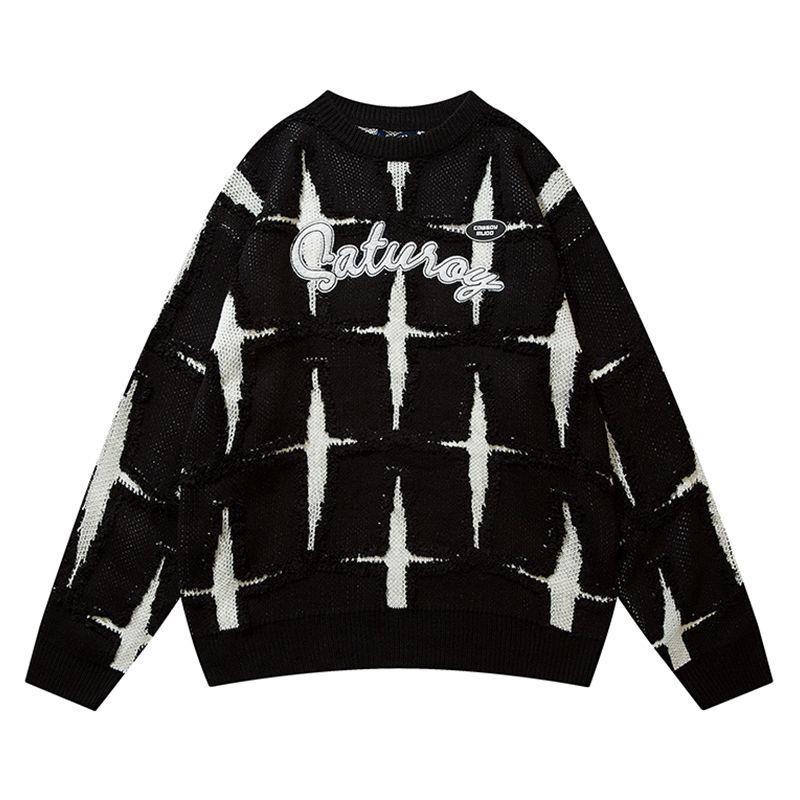 Áo Sweater Dệt Kim Cổ Tròn Thêu Chữ Và Ngôi Sao Kiểu Retro Mỹ Thời Trang Thu Đông Cho Nam Và Nữ