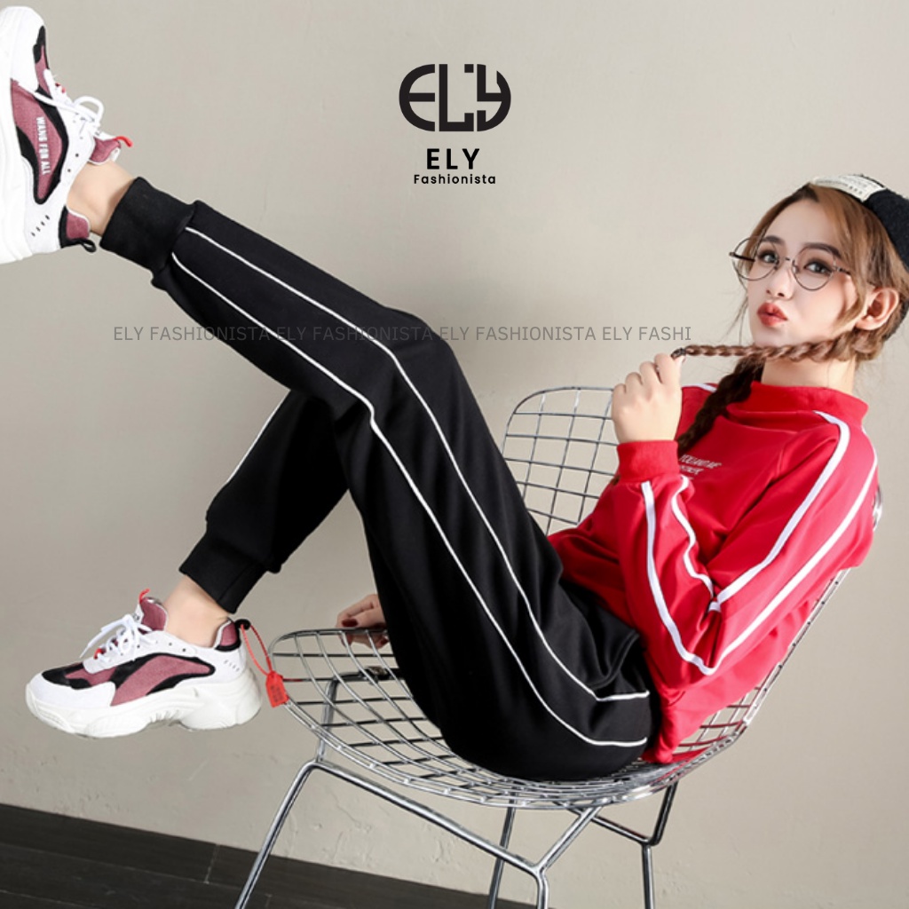 Quần jogger nữ bo gấu 2 sọc nhí cao cấp, quần thể thao nữ dây rút màu đen chất vải Mỳ Hàn đẹp cạp chun năng động ELY237.