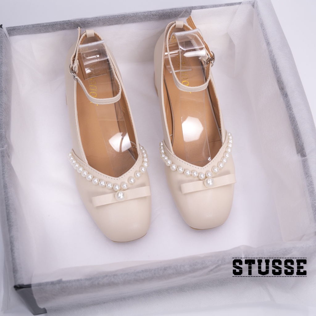 Giày Cao Gót Nữ Mary Jane Mũi Vuông Phối Nơ Ngọc Ulzzang Mang Được 2 Kiểu - GD012