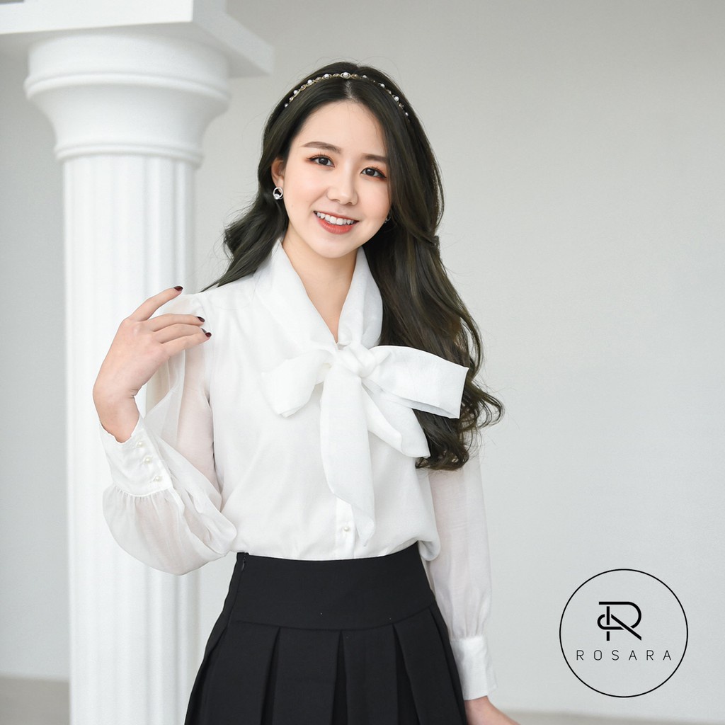 Áo Sơ Mi Trắng Nữ Dài Tay Cổ Nơ Thiết Kế Thời Trang Nữ Rosara G118