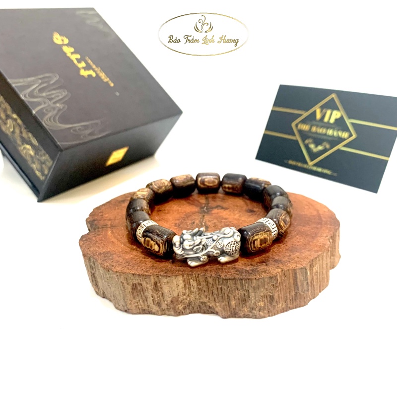 Vòng Tay Trầm Hương Mix Tỳ Hưu Bạc Thái 925 - BẢO TRẦM LINH HƯƠNG Phong Thủy Hạt Trúc Tự Nhiên Quà Tặng Nam Nữ - Sánh