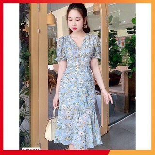 Đầm Hoa Voan Nhẹ Nhàng,Cổ Trái Tym - Dáng Ôm Đuôi Cá,Có Tay,Họa Tiết Hoa - Đầm Trẻ Trung thời thượng Tính