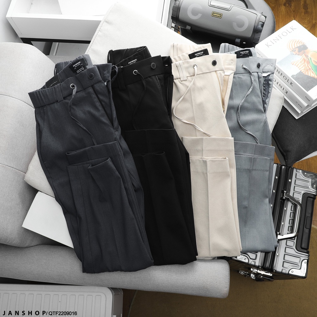Quần tây chất vải cotton mềm mịn co giãn cùng dáng slim fit ôm vừa thoả mái, điểm nhấn lưng chun và dây rút trẻ trung