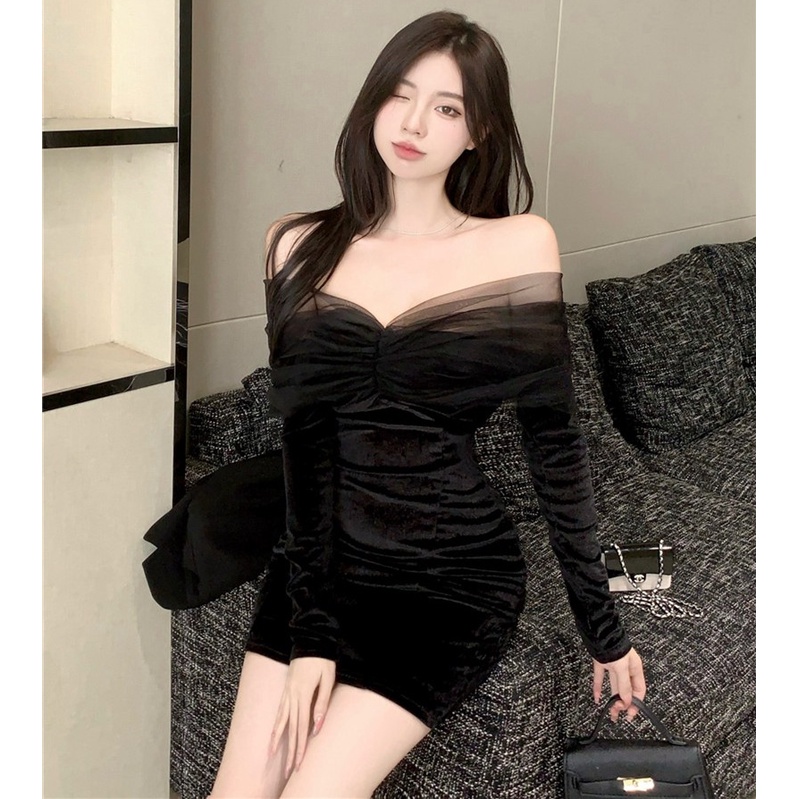 Đầm Nhung Đen Trễ Vai Dáng Ôm Thời Trang Thu Đông Dành Cho Nữ