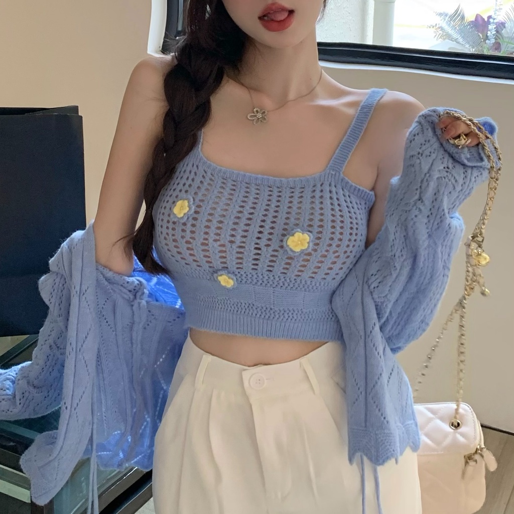 Set Áo Sơ Mi Và Áo Khoác Len Cardigan Hai Dây Thời Trang Cho Nữ