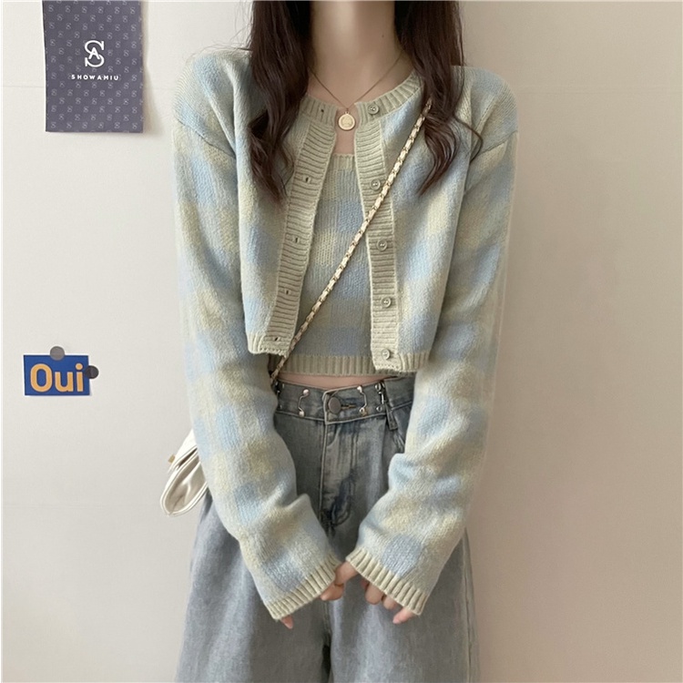 Set Áo Len Tay Dài Sọc Caro + Áo Khoác Ghi Lê Thời Trang Nữ