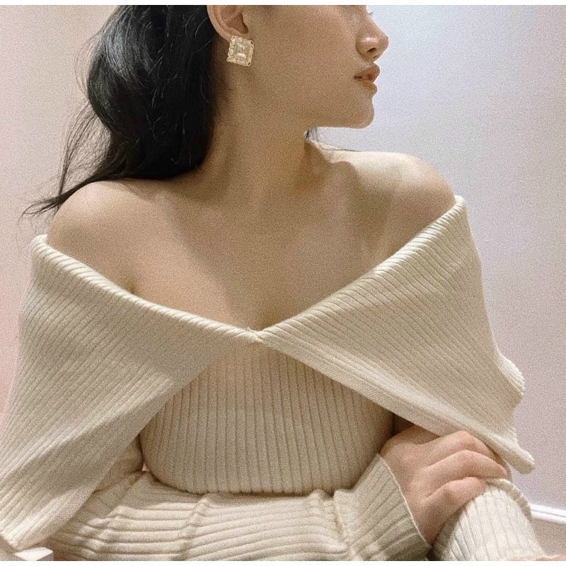 Áo thun gân len bẹt vai, Áo trễ vai tay dài thun gân tôn dáng hot thu đông  VKV ALOHASHOP91