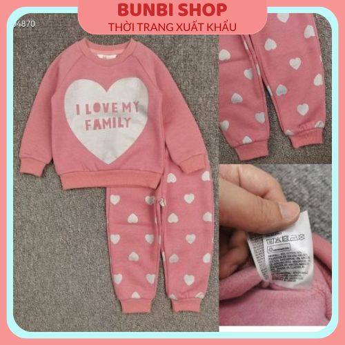 Sét bộ nỉ HM họa tiết trái tim I LOVE MY FAMILY dễ thương cho bé gái,hàng việt nam xuất khẩu