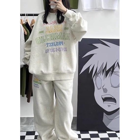 SET BỘ NỈ sweater và quần thể thao jogger màu xám sữa có thêu chữ màu