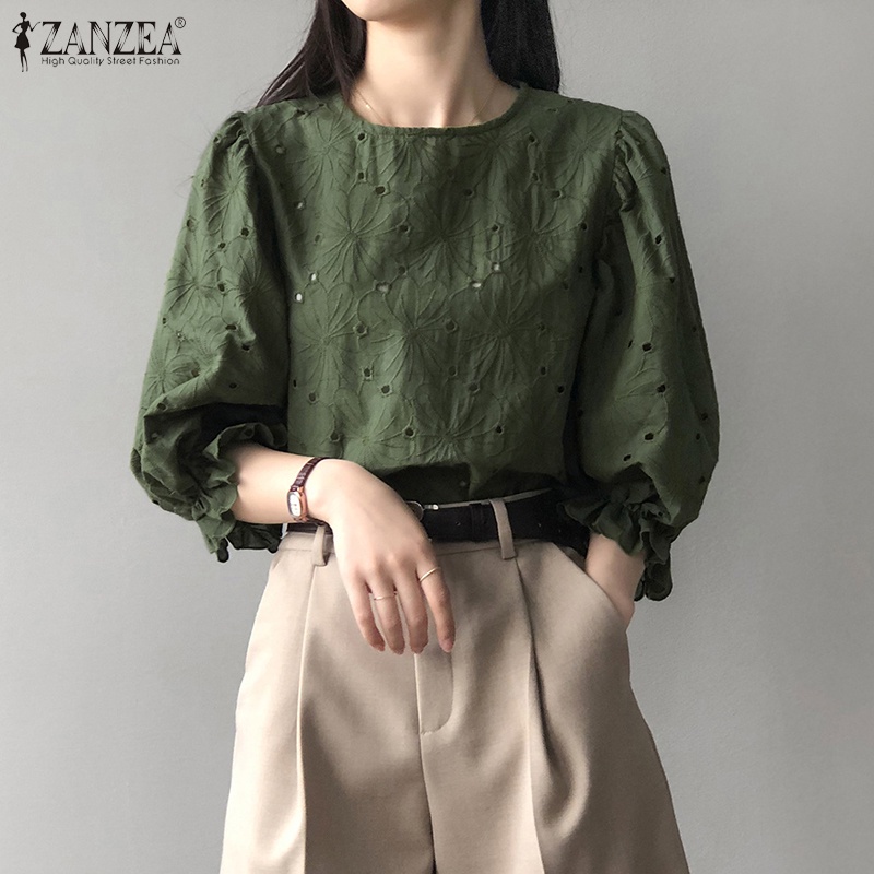 Zanzea Áo Sơ Mi Tay Phồng Cổ Tròn Phong Cách Hàn Quốc Dành Cho Nữ