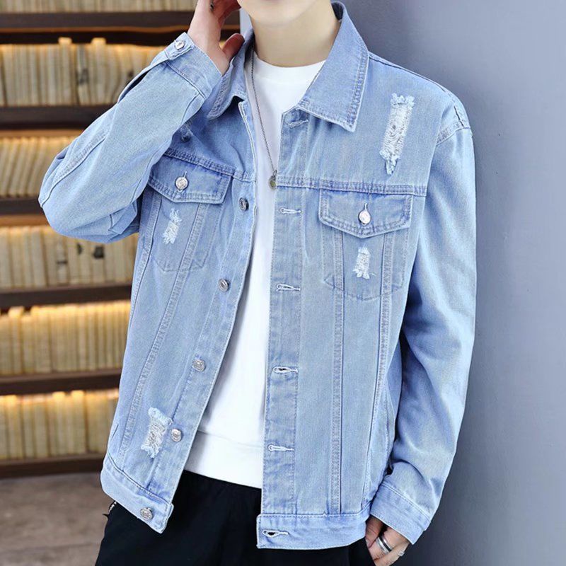 Áo Khoác Denim Rách Màu Sáng Phong Cách Hàn Quốc Thời Trang Xuân Thu 2022 Mới Cho Nam