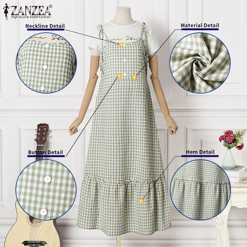 ZANZEA Đầm Hai Dây Viền Bèo Họa Tiết Caro Thời Trang Cho Phụ Nữ Hồi Giáo