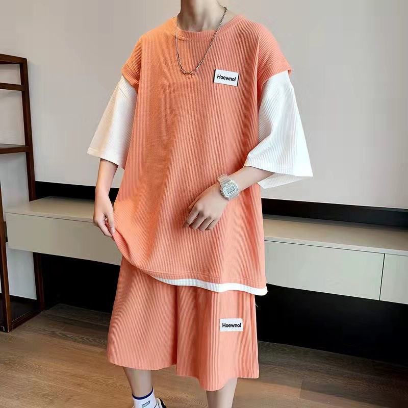 Bộ Đồ Thể Thao Ngắn Tay Dáng Rộng Giả Hai Lớp Thời Trang Mùa Hè Dành Cho Nam