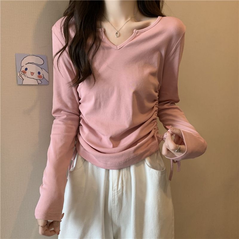 Áo Thun Dài Tay Phối Dây Rút Thời Trang Mùa Thu Cho Nữ