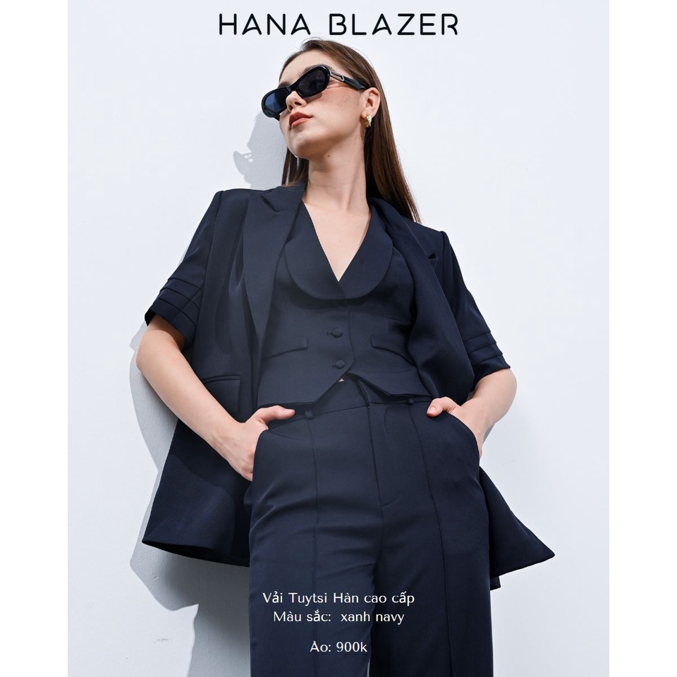 Áo khoác Blazer tay ngắn ONMIX,Xanh Navi, Vải Tuytsi Hàn Cao cấp.