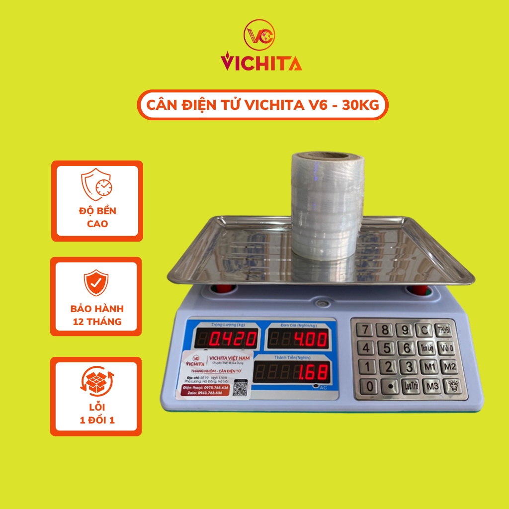Cân Điện Tử Tính Tiền 40Kg VICHITA V8 - Phím Tiếng Việt Bọc Thép - Hiền Thị 2 Mặt Cân Trước Sau