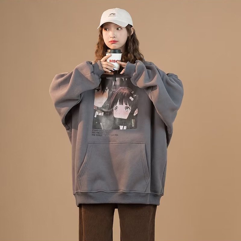 IELGY    Áo Hoodie Dáng Rộng In Họa Tiết Hoạt Hình Phong Cách Hong Kong Thời Trang Cho Nữ