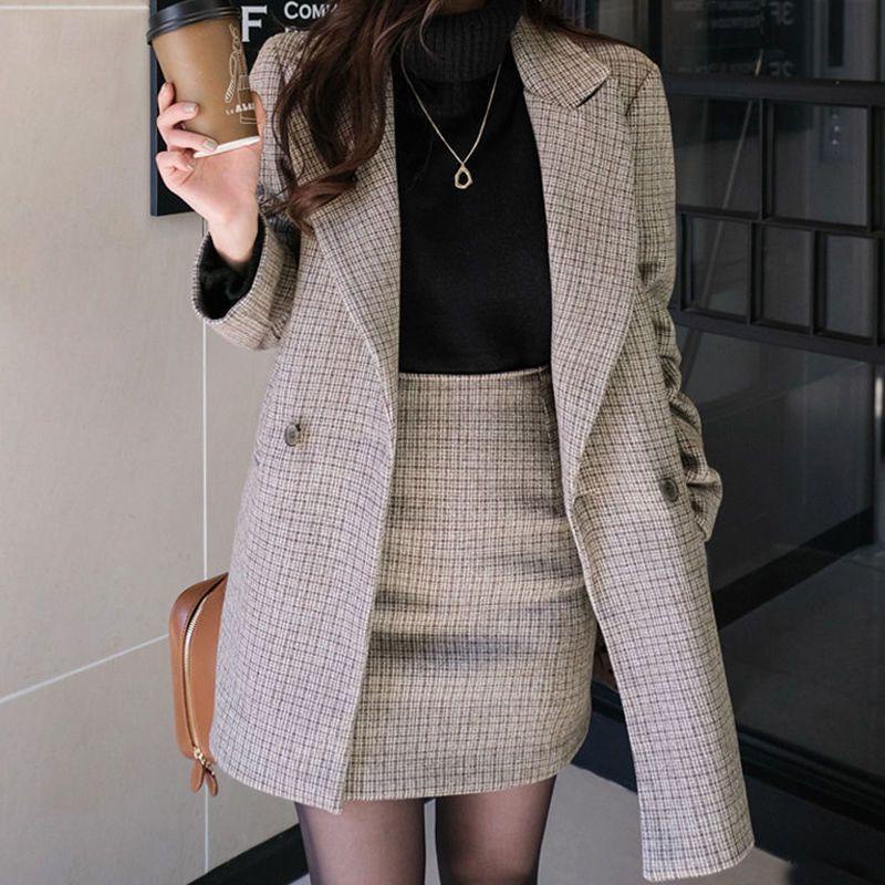 Set Đồ Nữ Áo Blazer Dạ Dáng Dài Khoác Ngoài, Chân Váy Chữ A Ngắn Kẻ Sọc Công Sở Retro Kiểu Hàn Quốc Thu Đông SD115