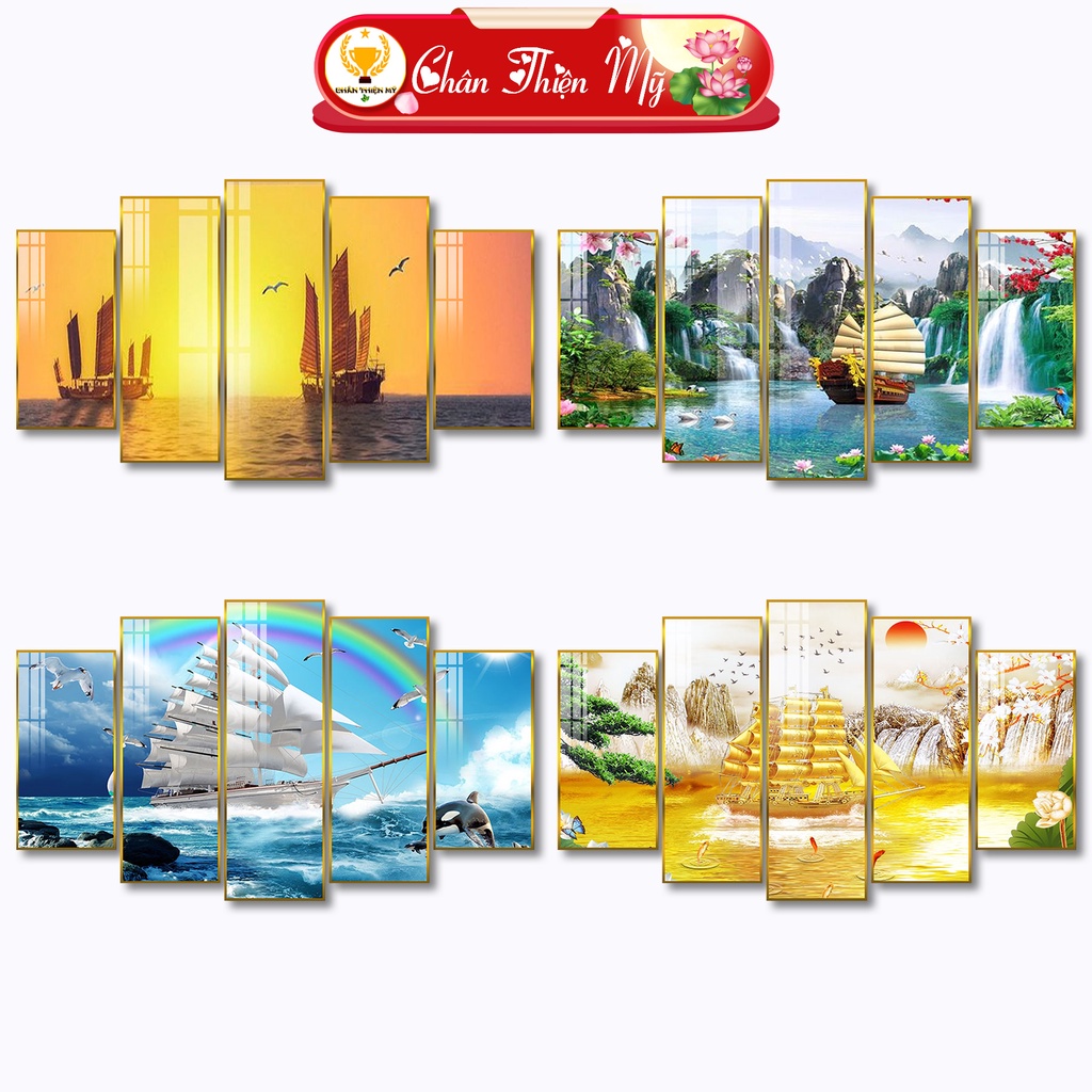 Bộ 5 Tranh Treo Tường Tráng Gương CHÂN THIỆN MỸ Trang Trí Phòng Khách Chủ Đề Thuận Buồm Xuôi Gió - Tặng Đinh Treo Tranh