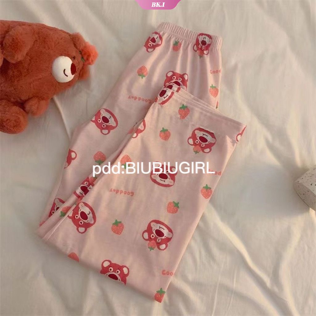 DISNEY Quần Ngủ Lưng Thun Ống Rộng In Họa Tiết Hoạt Hình Gấu / Dâu Tây Dễ Thương Thời Trang Mùa Đông Cho Nữ