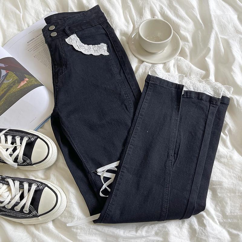 Jiashucheng Quần Jean Ống Rộng Xẻ Tà Phối Ren Phong Cách Hàn Quốc Ngọt Ngào Thời Trang Mùa Thu Mới Cho Phụ Nữ Tuổi Trung Niên