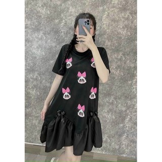Đầm suông đen hoạ tiết gấu cute form to che khuyết điểm cơ thể [Nhà của méo store]