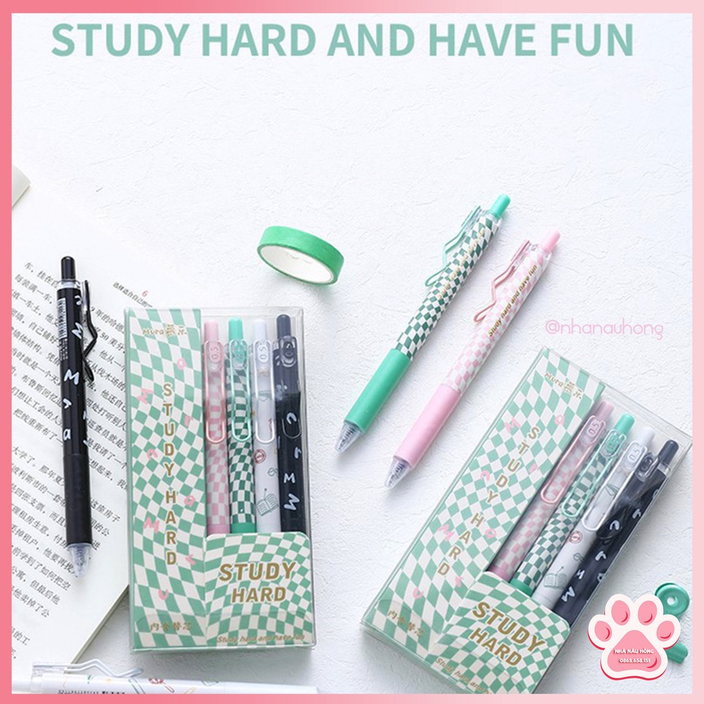 Bút gel bấm Mura Caro, màu mực đen, ngòi kim mảnh cao cấp 0.5mm, khô nhanh - Study Hard