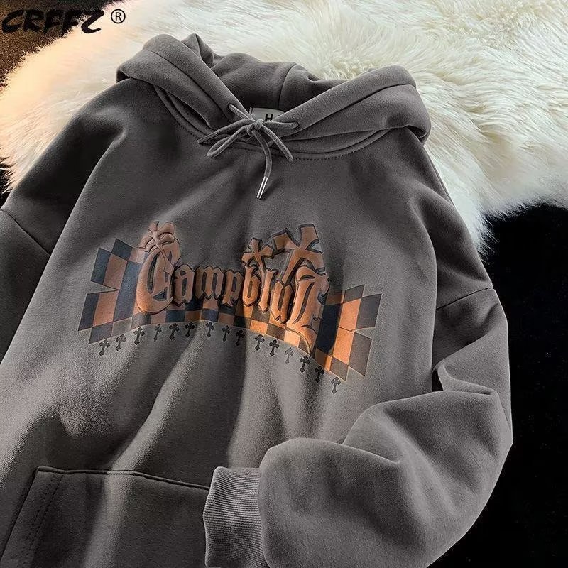 Áo Hoodie Nhung Dáng Rộng In Chữ Thập Thời Trang Retro Dành Cho Nam