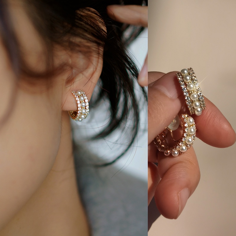 Bộ Khuyên Tai Kẹp Đính Kim Cương Ngọc Trai Không Cần Lỗ Xỏ Lỗ Màu Vàng / Bạc Chất Lượng Cao Làm Quà Tặng