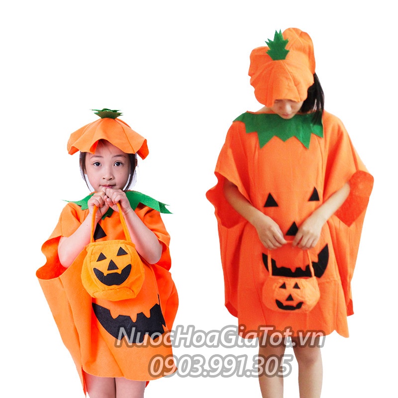 Set combo 3 món hóa trang Halloween bí ngô vải nỉ trẻ embé trai gái dày dặn áo mũ nón túi
