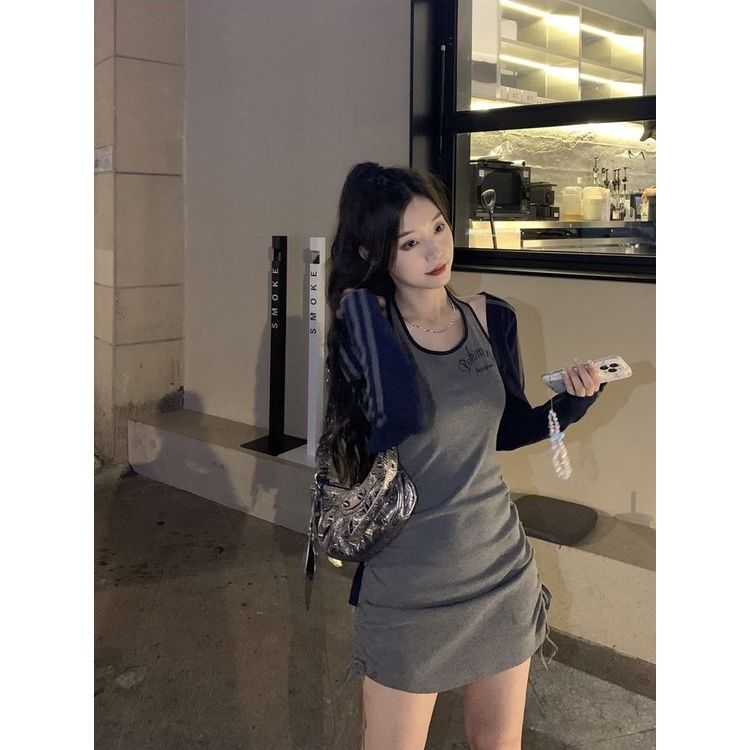 Jiashucheng Đầm Dài Tay Cổ Yếm Họa Tiết Kẻ Sọc Kèm Khăn Choàng Ôm Dáng Thời Trang Cho Nữ