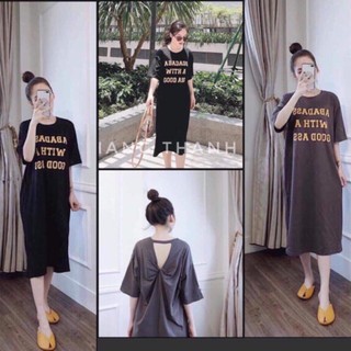 Đầm suông, váy xuông chất cotton xoắn lưng in chữ dáng rộng cổ tròn hai màu không túi