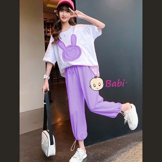 Set bộ áo thun in thỏ mix quần mặc được 2 kiểu ống suông quần jogger bomber, Bộ thun cotton cao cấp cho bé gái 20-42kg