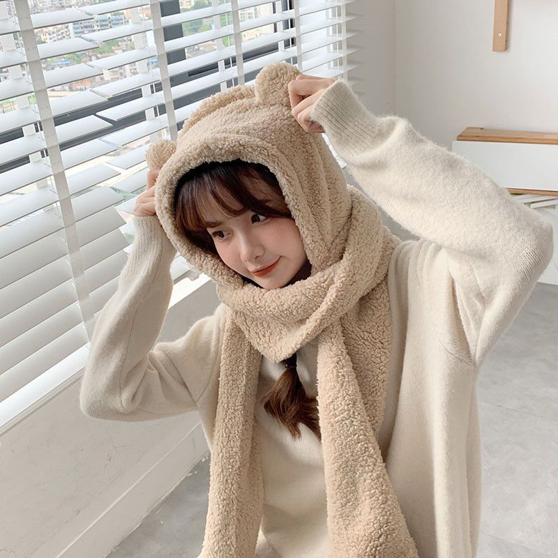 HAKKV Set Ba Món Mũ Khăn Choàng Găng Tay Mũ Tai Gấu Bằng Lông Cừu Cashmere Dễ Thương
