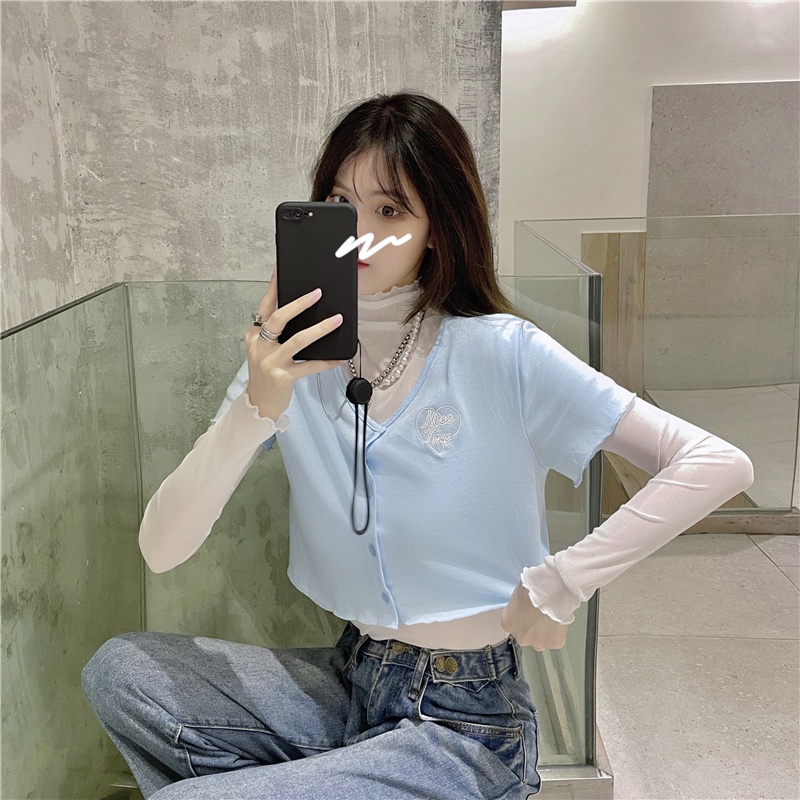 Set Áo Thun Ngắn Tay + Áo Lưới Cổ Chữ V Thời Trang Nữ