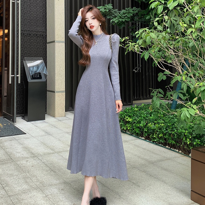 Đầm Len Dài Qua Gối Tay Dài Phồng Màu Trơn Thời Trang Cho Nữ