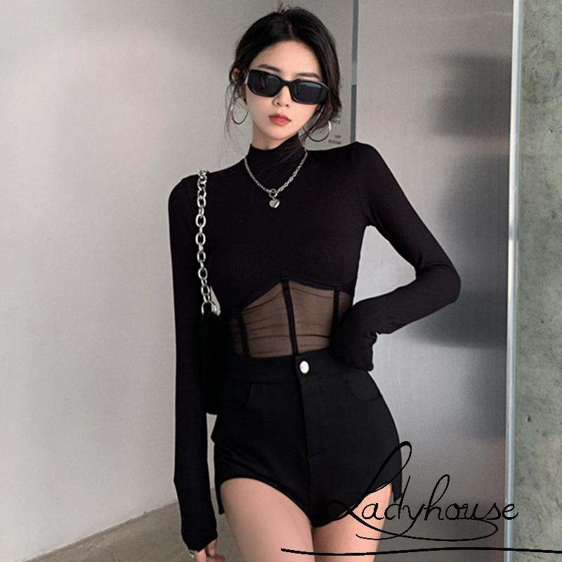 Áo Thun Tay Dài Cổ Cao Phối Lưới Màu Đen Thời Trang Xuân Thu Cho Nữ