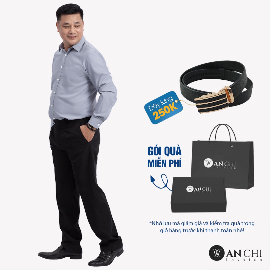 Combo Áo Sơ Mi Nam Classic Dài Tay Xám Và Quần Âu Màu Đen Trung Niên ANCHI Cao Cấp