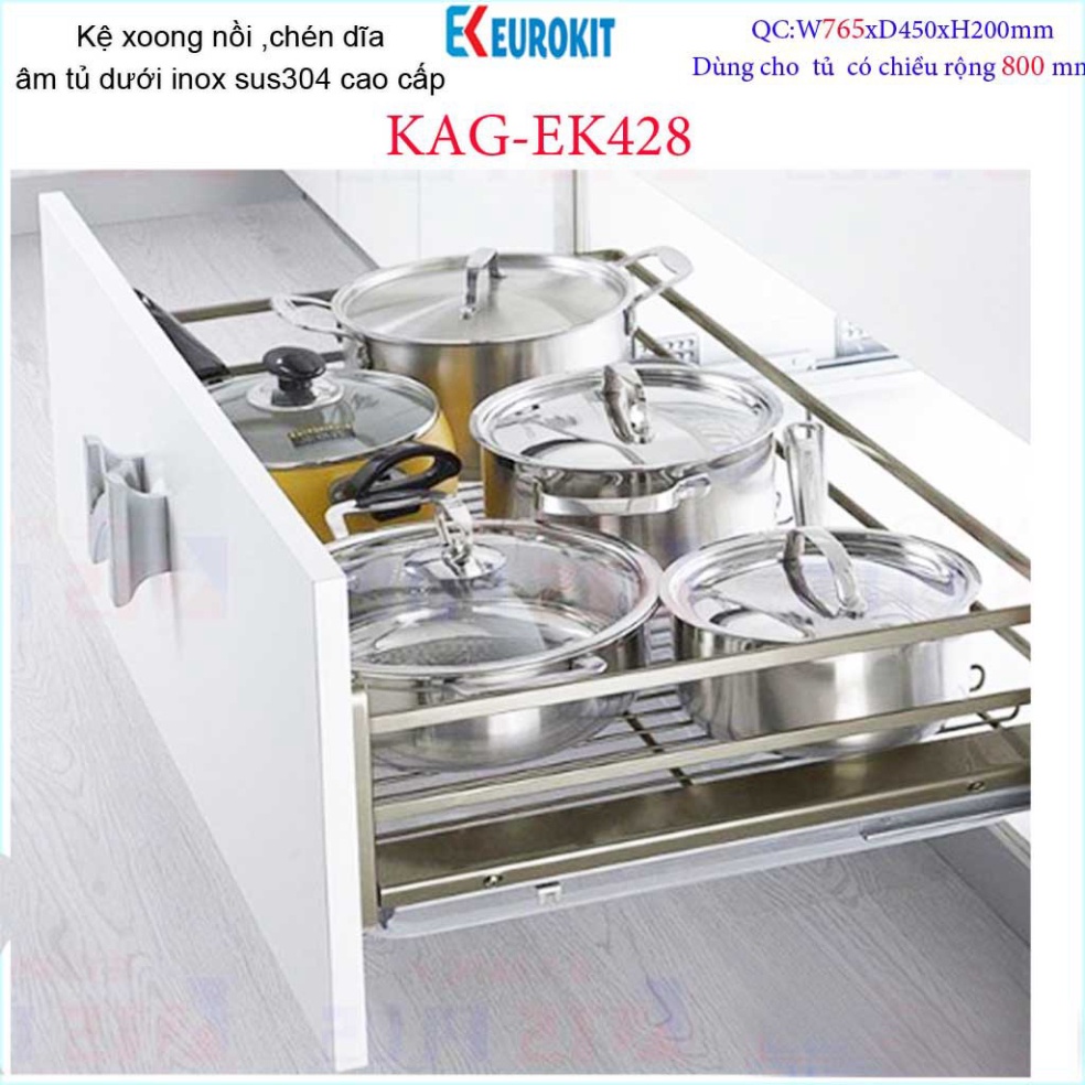 Kệ chén bát xoong nồi Euro âm tủ bếp inox 304, Kệ đa năng ray kéo tủ bếp dưới 80cm KAG-304EK428, khu