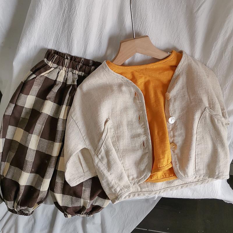 Set Áo Croptop + Quần Dài Kẻ Sọc Caro Màu Sắc retro Cho Bé
