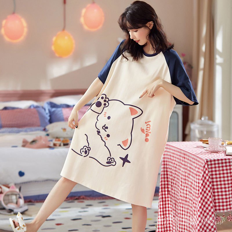 Đầm Ngủ Tay Ngắn Dáng Rộng In Họa Tiết Hoạt Hình Dễ Thương Thời Trang Mùa Hè Cho Nữ