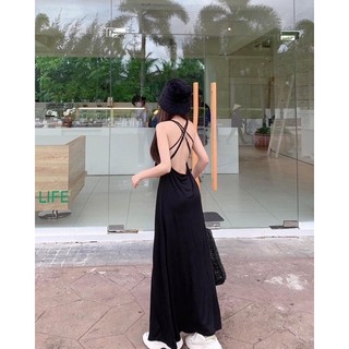 ĐẦM THUN ĐEN DÁNG DÀI XOÈ HƠ LƯNG ĐAN DÂY