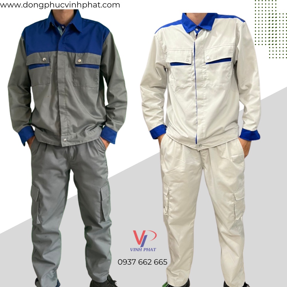 Quần Áo Bảo Hộ Lao Động Màu Xám Túi Hộp Kiểu Phối Xanh Bích Vải Kaki Bền Đẹp Công Nhân Kỹ Sư - Hình thật