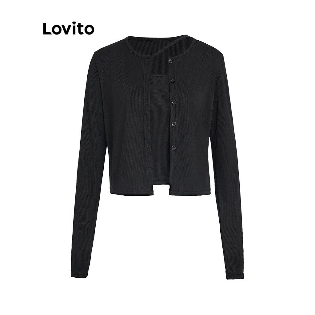 Lovito Dễ thương đồng bằng tất cả các trận đấu dài tay hai mảnh dành cho nữ Bộ áo sơ mi L37AD057 (Đen)