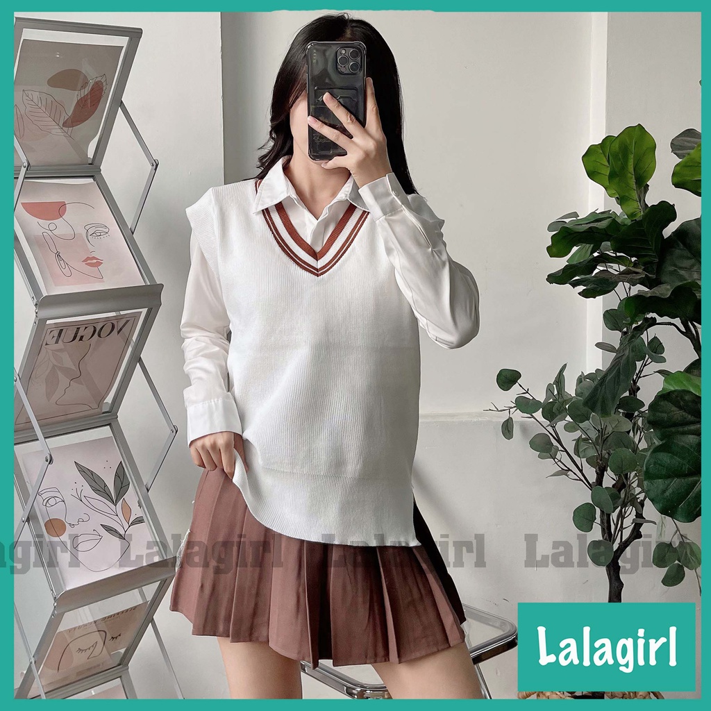 Áo Gile Len Nữ Thun Gân Cổ V Phối Viền, Gile Trơn Dáng Suông