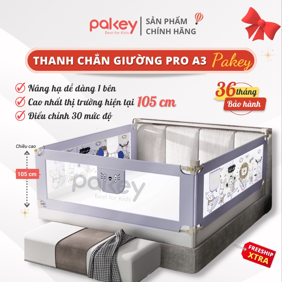 Thanh chắn giường Pakey Pro A3 họa tiết động vật NEW 2022, nâng hạ 1 bên cao 105cm HÀNG CAO CẤP
