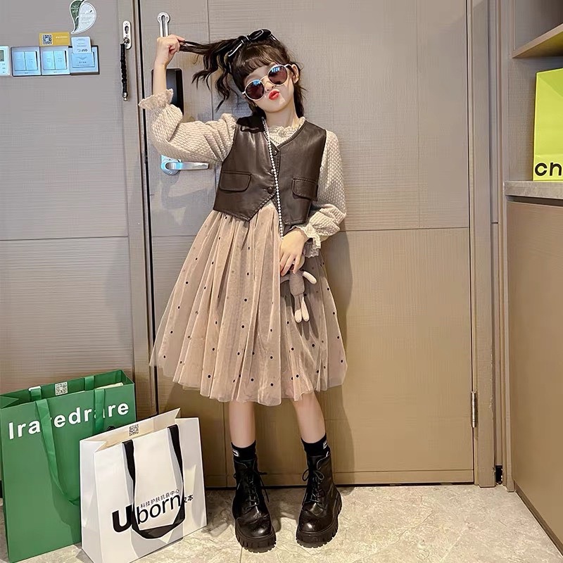 (ORDER) Váy, đầm xoè dài tay + da nâu kèm túi cho bé gái hàng cao cấp Tiệm Bông size đại