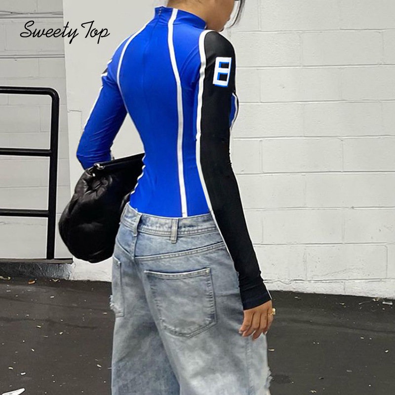 Lanlanlolo Bộ Áo Liền Quần Đua Xe Tay Dài Cổ Lọ Phối Màu Tương Phản Cá Tính Cho Nữ | BigBuy360 - bigbuy360.vn